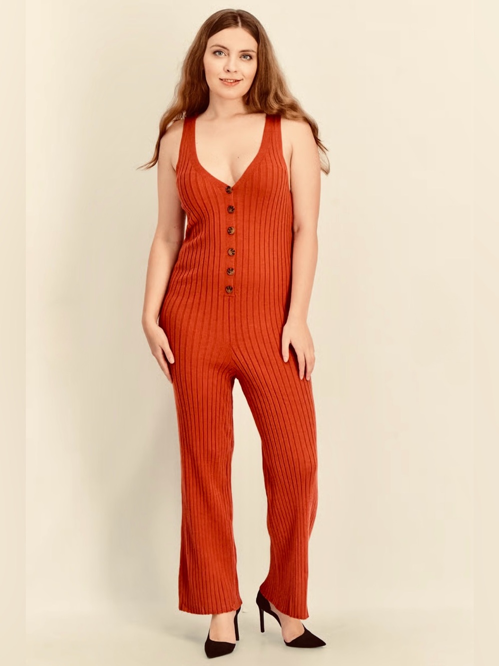 NEW🔥Ribbed Button-Front Jumpsuit